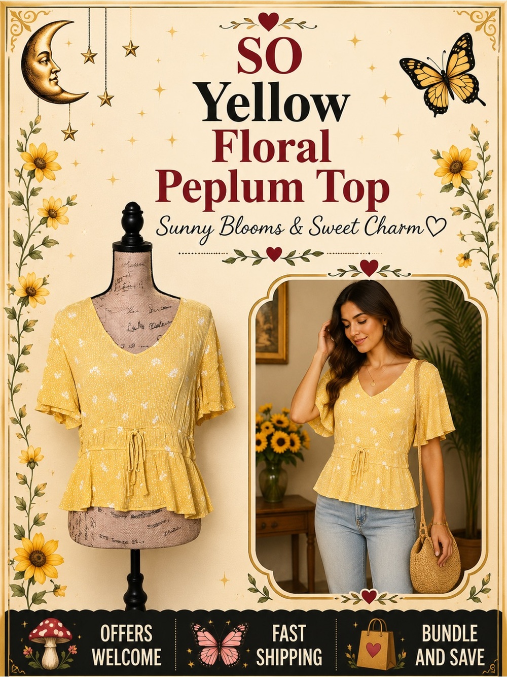 Kohl’s Yellow Floral Peplum Top Crinkle Rayon Tie Waist Blouse Size Large